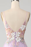 Glitter A-Line Spaghetti Straps Lilac Lang gallakjole med blomster