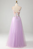 Glitter A-Line Spaghetti Straps Lilac Lang gallakjole med blomster