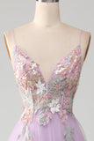 Glitter A-Line Spaghetti Straps Lilac Lang gallakjole med blomster