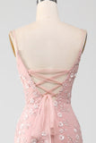 Havfrue Blush Spaghetti Straps gallakjole med applikationer