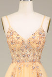 Charmerende A Line Spaghetti Straps Gylden lang gallakjole med perler