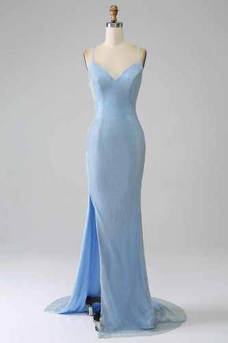 Havfrue blå lang gallakjole med slids