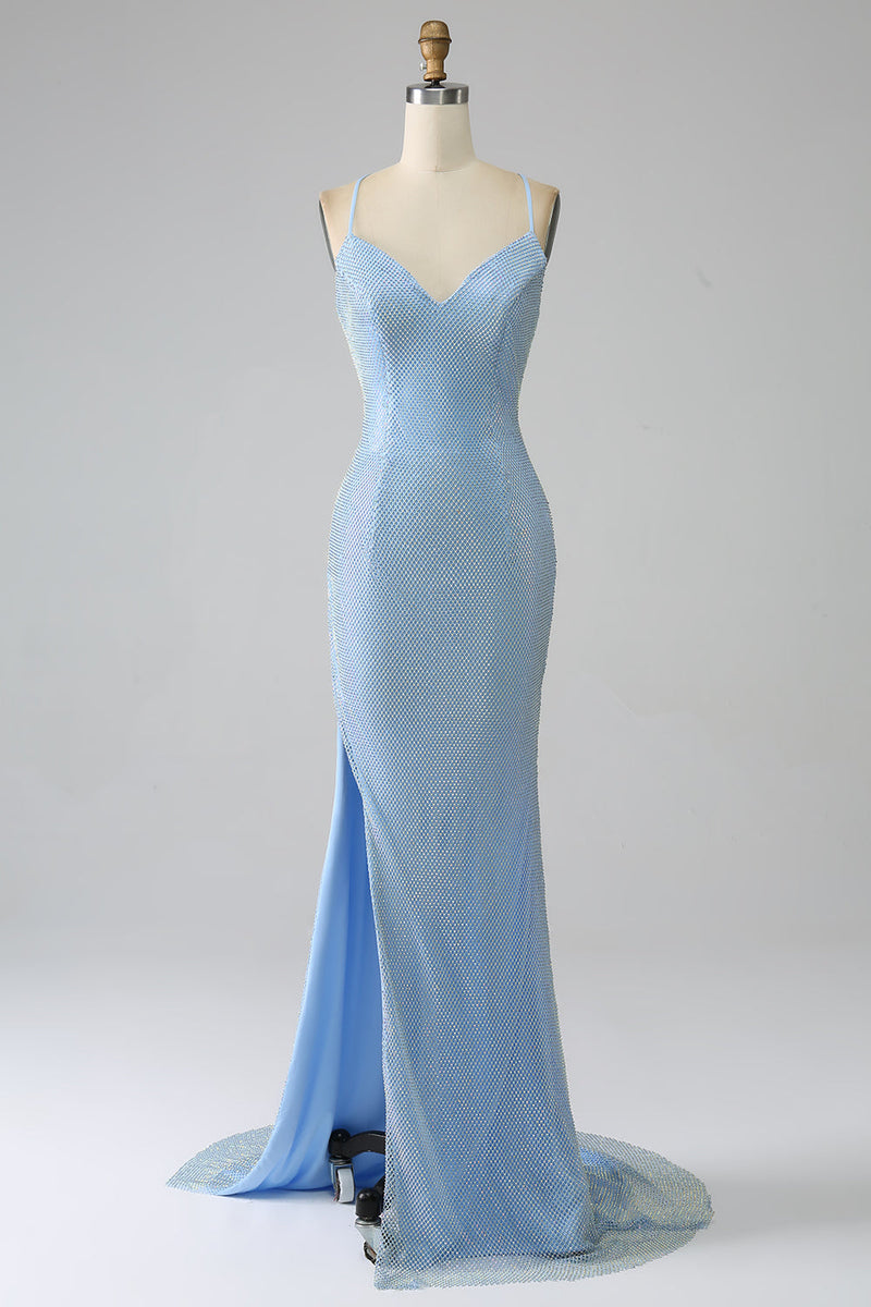 Indlæs billede til gallerivisning Havfrue blå lang gallakjole med slids
