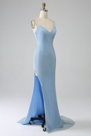 Havfrue blå lang gallakjole med slids