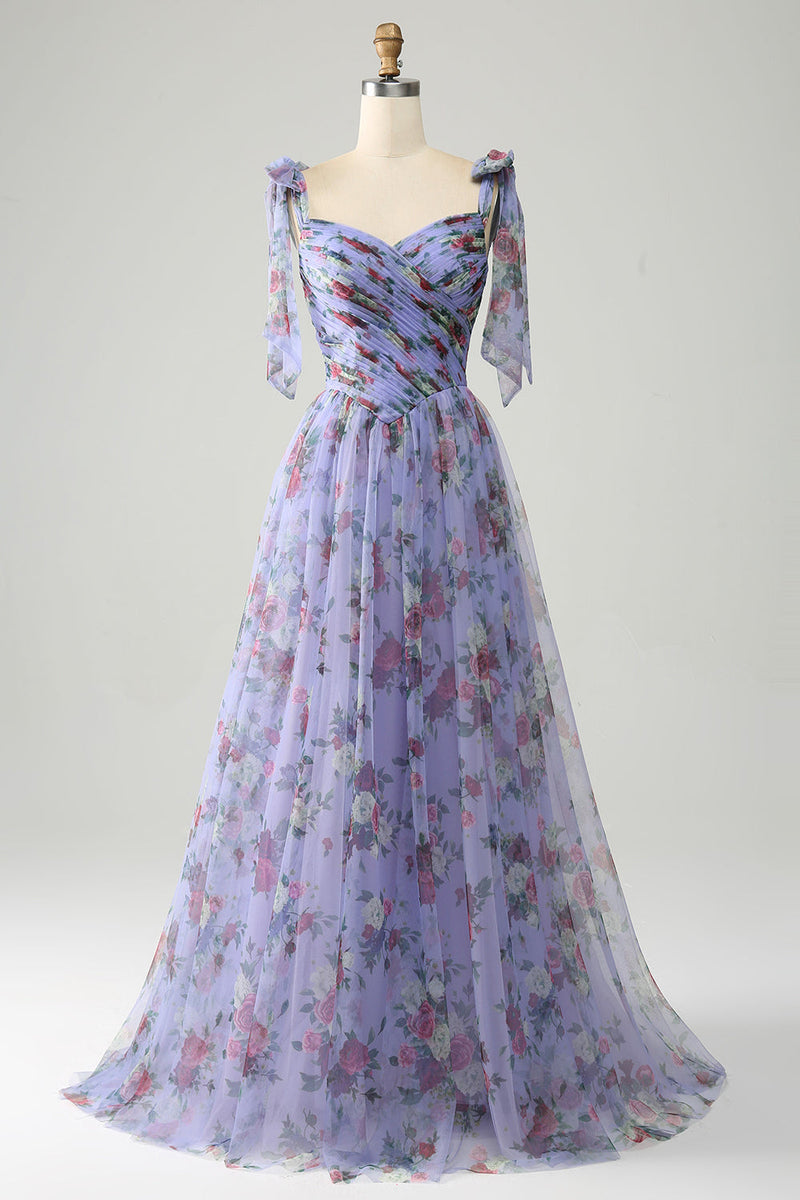 Indlæs billede til gallerivisning Lavendel blomsterprint tyl gallakjole med plisseret