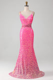Hot Pink Spaghetti Straps Glitter Havfrue Gallakjole med perletalje