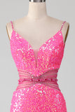 Hot Pink Spaghetti Straps Glitter Havfrue Gallakjole med perletalje