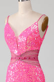 Hot Pink Spaghetti Straps Glitter Havfrue Gallakjole med perletalje