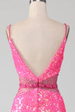 Hot Pink Spaghetti Straps Glitter Havfrue Gallakjole med perletalje