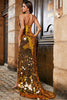 Indlæs billede til gallerivisning Gylden Havfrue Halter Glitter Spejl Gallakjole med høj slids