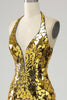 Indlæs billede til gallerivisning Gylden Havfrue Halter Dyb V-hals rygløs spejlgallakjole med høj slids