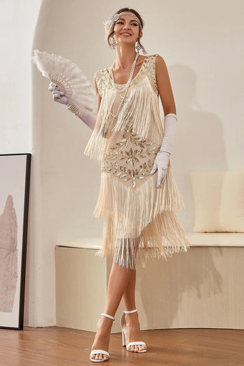 Champagnepailletter frynser 1920'erne Gatsby kjole med 20'er tilbehør sæt