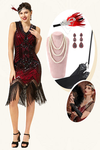 Røde og sorte pailletter frynser 1920'erne Gatsby kjole med 20'erne tilbehør sæt