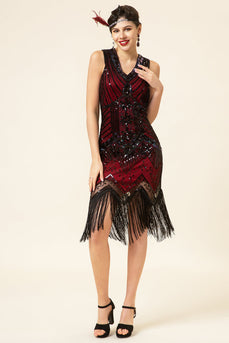 Røde og sorte pailletter frynser 1920'erne Gatsby kjole med 20'erne tilbehør sæt