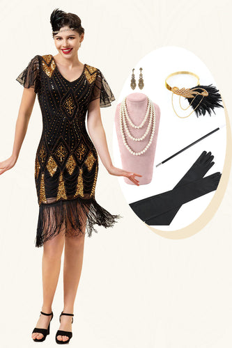Sorte og gyldne pailletter frynser 1920'erne Gatsby kjole med 20'erne tilbehør sæt