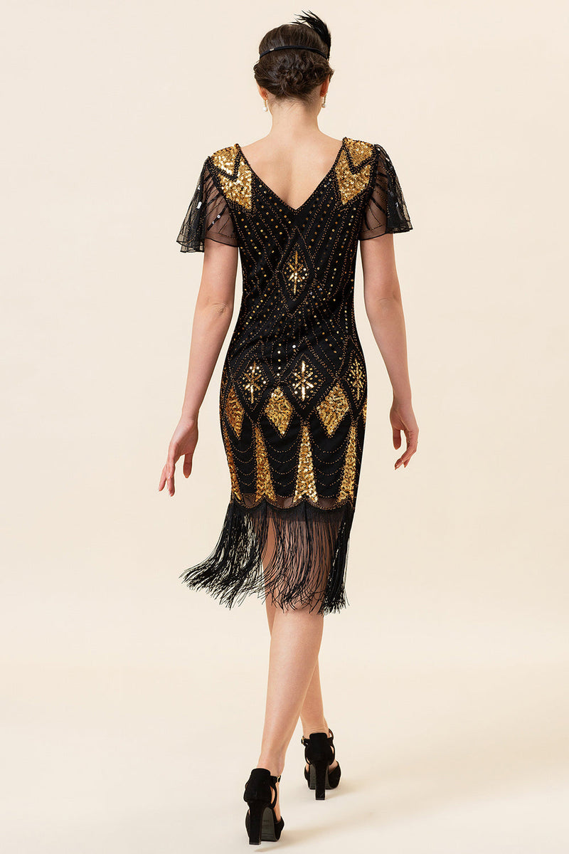 Indlæs billede til gallerivisning Sorte og gyldne pailletter frynser 1920&#39;erne Gatsby kjole med 20&#39;erne tilbehør sæt