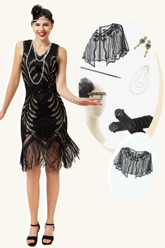 Sorte pailletter frynser 1920'erne Flapper kjole med 20'erne tilbehør sæt