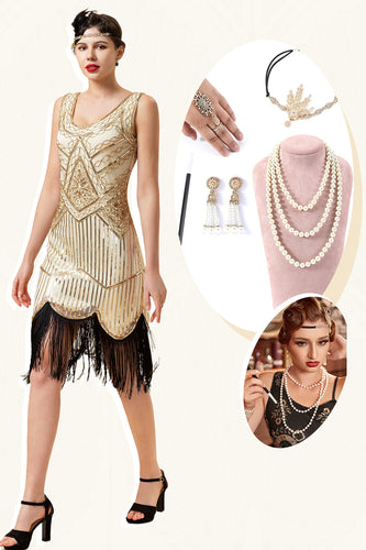 Champagnepailletter frynser 1920'erne Flapper kjole med 20'erne tilbehør sæt