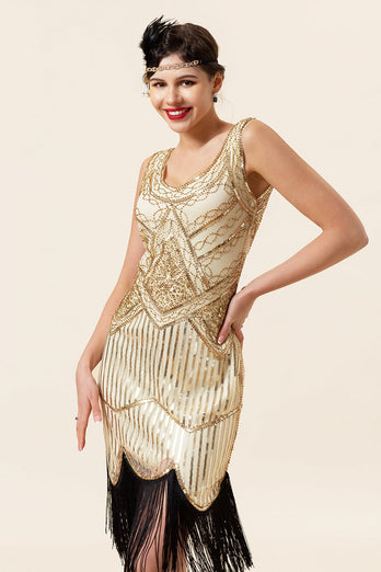 Champagnepailletter frynser 1920'erne Flapper kjole med 20'erne tilbehør sæt