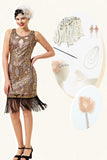 Golden Sequined Fringes 1920'erne Flapper Dress med 20'erne tilbehør sæt