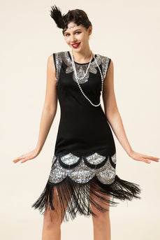 Sort og sølv sequined frynser 1920'erne Gatsby Flapper kjole med 20'erne tilbehør sæt