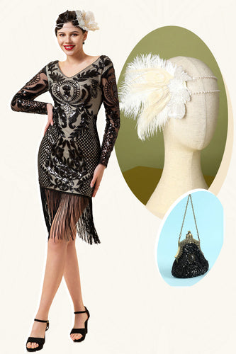 Sorte langærmede sequined frynser 1920'erne Gatsby Flapper kjole med 20'er tilbehør sæt