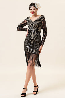 Sorte langærmede sequined frynser 1920'erne Gatsby Flapper kjole med 20'er tilbehør sæt
