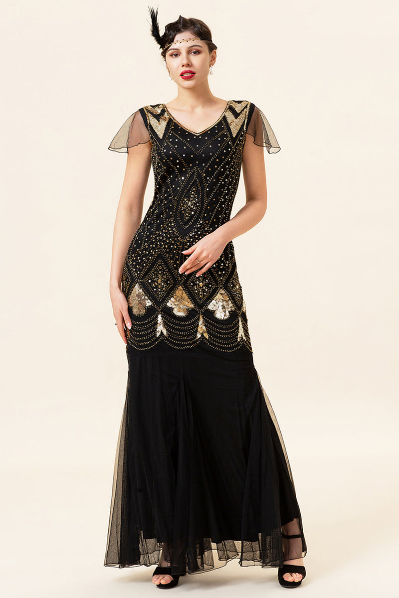 Indlæs billede til gallerivisning Sorte og gyldne kasketærmer sequined lange Gatsby Flapper-kjole fra 1920&#39;erne med tilbehør fra 20&#39;erne