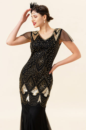 Sorte og gyldne kasketærmer sequined lange Gatsby Flapper-kjole fra 1920'erne med tilbehør fra 20'erne