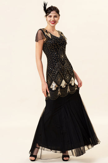 Sorte og gyldne kasketærmer sequined lange Gatsby Flapper-kjole fra 1920'erne med tilbehør fra 20'erne