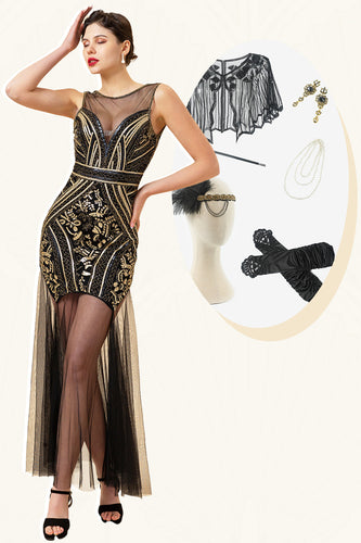 Sort og gylden illusionshals sequined lang 1920'erne Gatsby Flapper kjole med 20'erne tilbehør sæt
