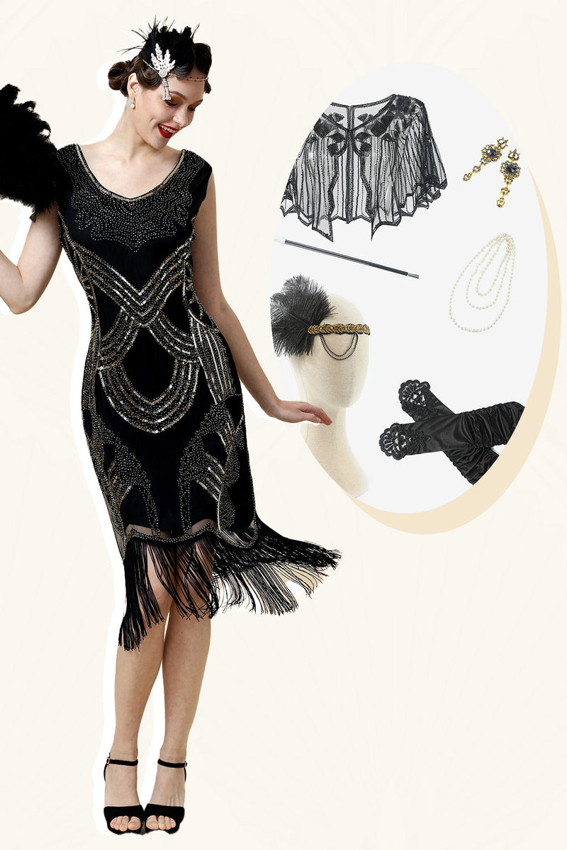 Indlæs billede til gallerivisning Sort Sequined 1920&#39;erne Gatsby Flapper Party Dress med 20&#39;er tilbehør sæt