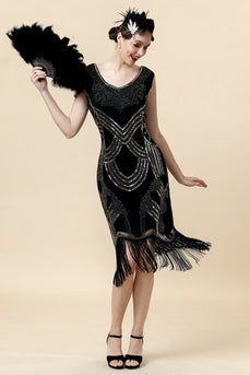 Sort Sequined 1920'erne Gatsby Flapper Party Dress med 20'er tilbehør sæt