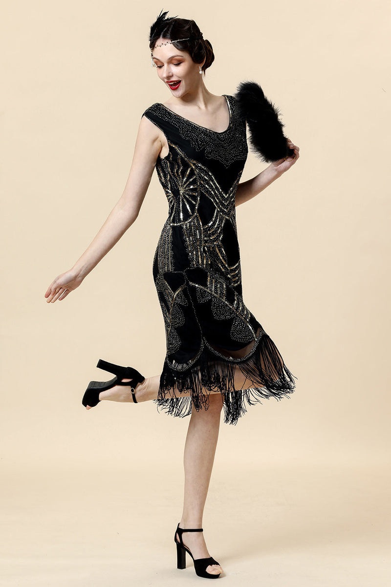 Indlæs billede til gallerivisning Sort Sequined 1920&#39;erne Gatsby Flapper Party Dress med 20&#39;er tilbehør sæt