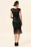 Sort og grøn Sequined frynser 1920'erne Gatsby Flapper Party Dress med 20'er tilbehør sæt