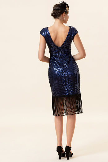 Blå pailletter frynser Gatsby kjole med tilbehør fra 1920'erne
