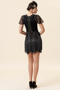 Sort perlefrynser Flapper kjole med tilbehør fra 1920'erne