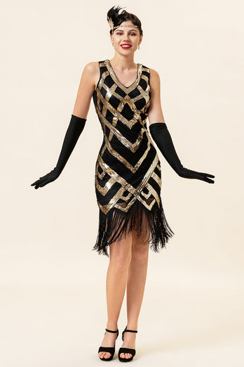 Golden ærmeløse frynser Flapper kjole med tilbehør fra 1920'erne
