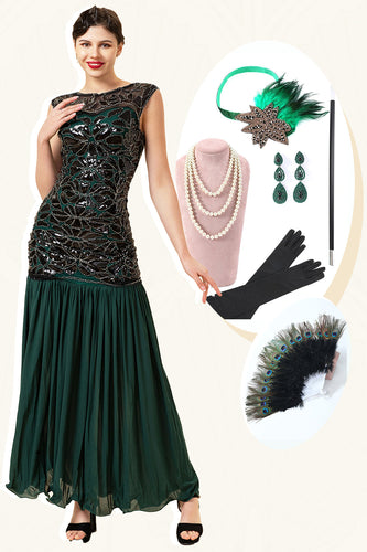 Grøn perle lang flapper kjole med tilbehør fra 1920'erne