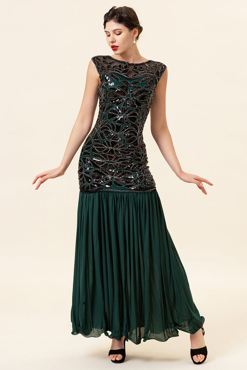 Indlæs billede til gallerivisning Grøn perle lang flapper kjole med tilbehør fra 1920&#39;erne