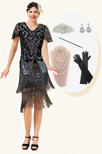 Sorte pailletter frynsede Gatsby kjole med 20'er tilbehør sæt