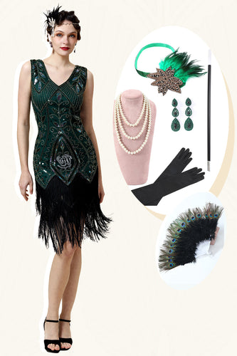 Grøn Gatsby-kjole med frynser og tilbehørssæt fra 20'erne