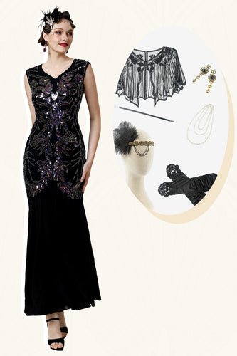 Sort pailletter lang Gatsby kjole med 20'er tilbehørssæt