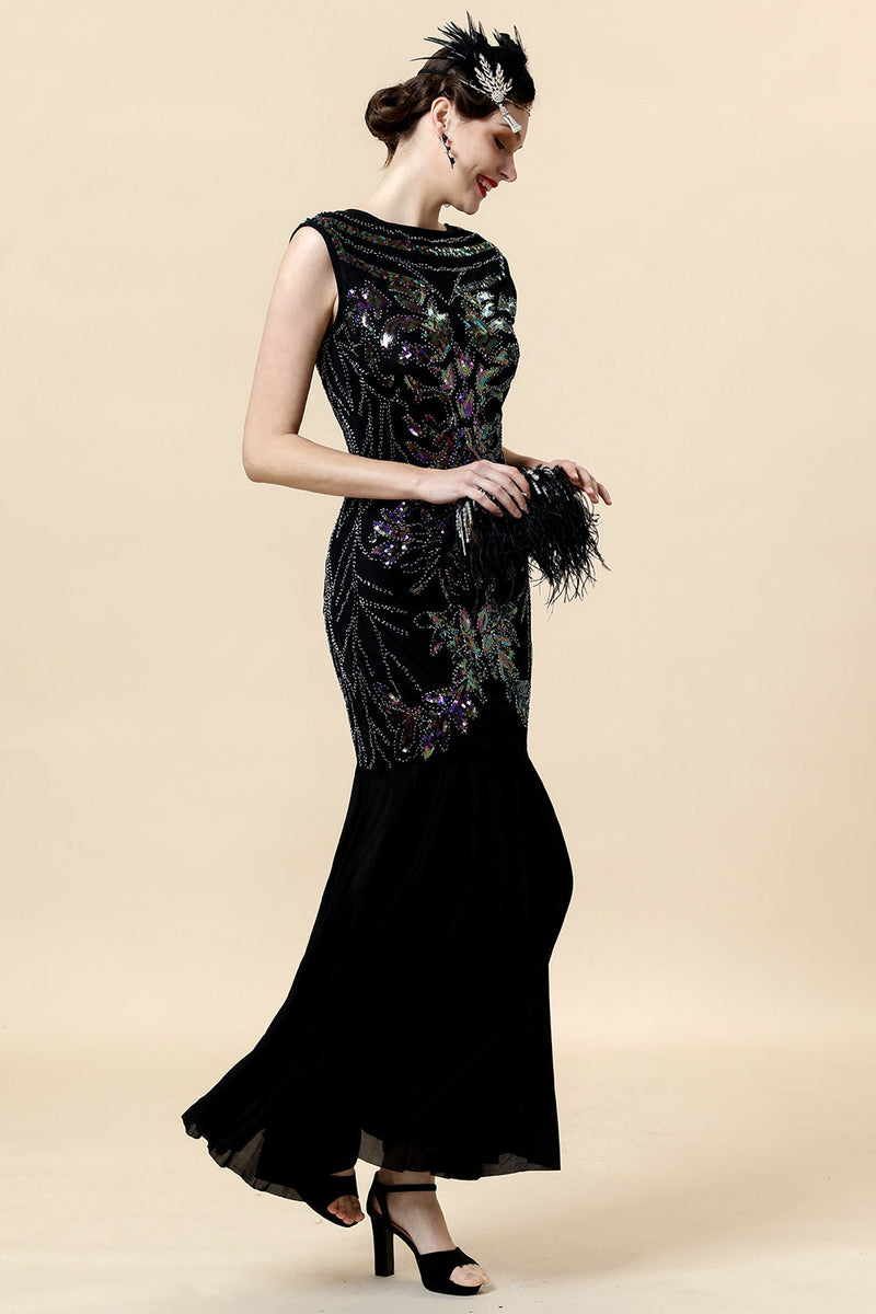 Indlæs billede til gallerivisning Sort pailletter lang Gatsby kjole med 20&#39;er tilbehørssæt
