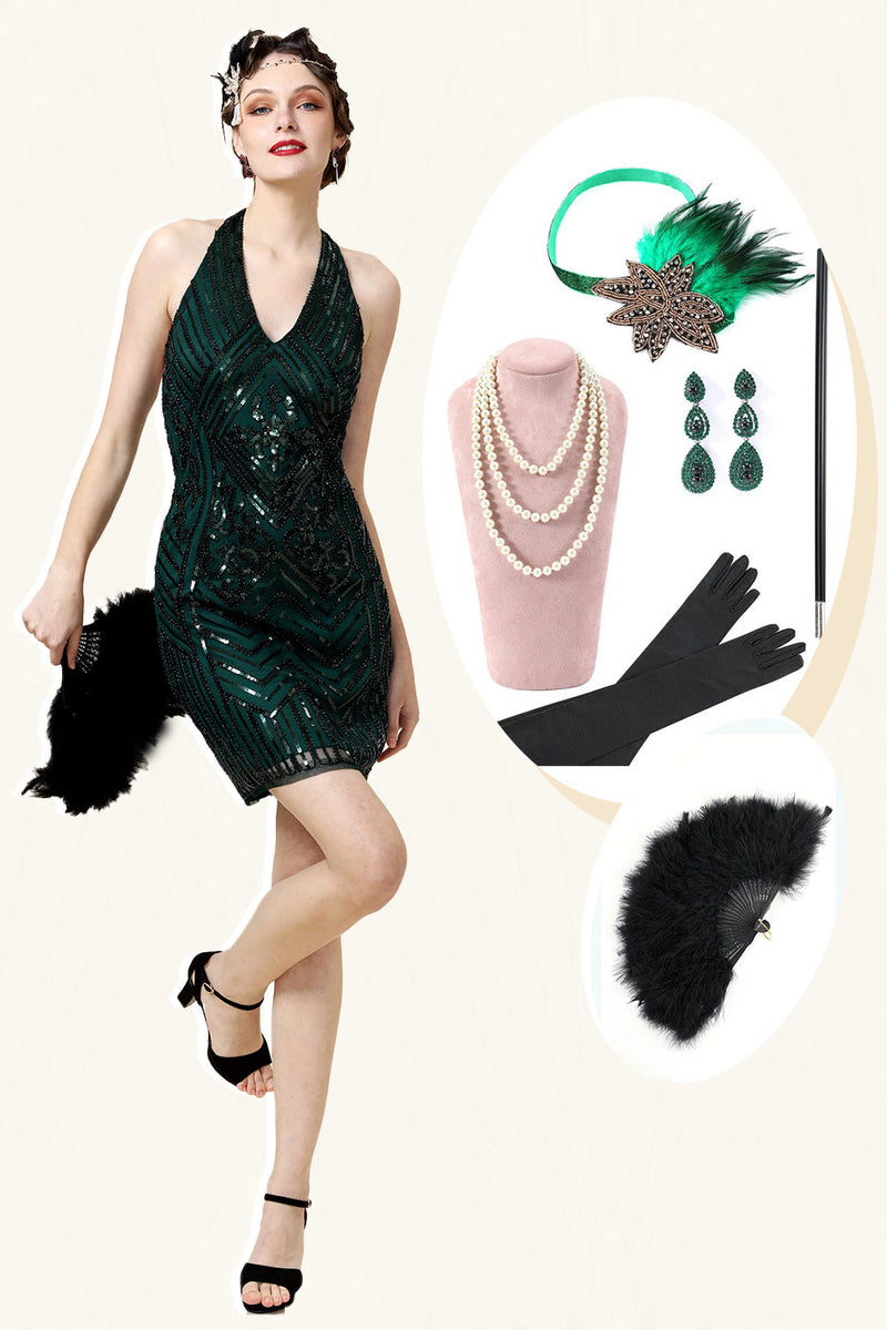 Indlæs billede til gallerivisning Halter Green Pailletter Gatsby kjole med 20&#39;er tilbehør sæt