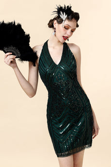 Halter Green Pailletter Gatsby kjole med 20'er tilbehør sæt