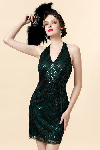 Halter Green Pailletter Gatsby kjole med 20'er tilbehør sæt