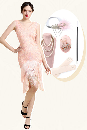 Beaded pink frynsede flapper kjole med 1920'erne tilbehør sæt