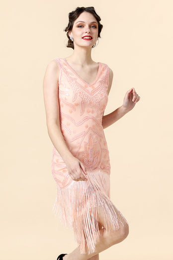 Beaded pink frynsede flapper kjole med 1920'erne tilbehør sæt