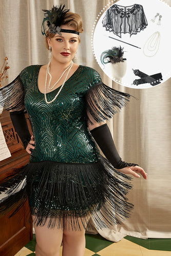 Grøn Plus Size 1920'erne Gatsby kjole med 20'er Acessories Set